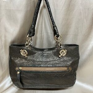 Elain Turner leather satchel. Gold toned HW, dark charcoal/blk leather.  10-H6Bc